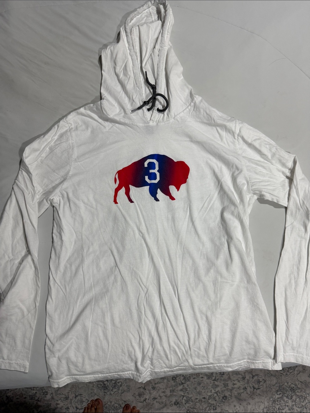 Damar Hamlin : White Long-Sleeve hooded Shirt with Red-Blue Buffalo Logo